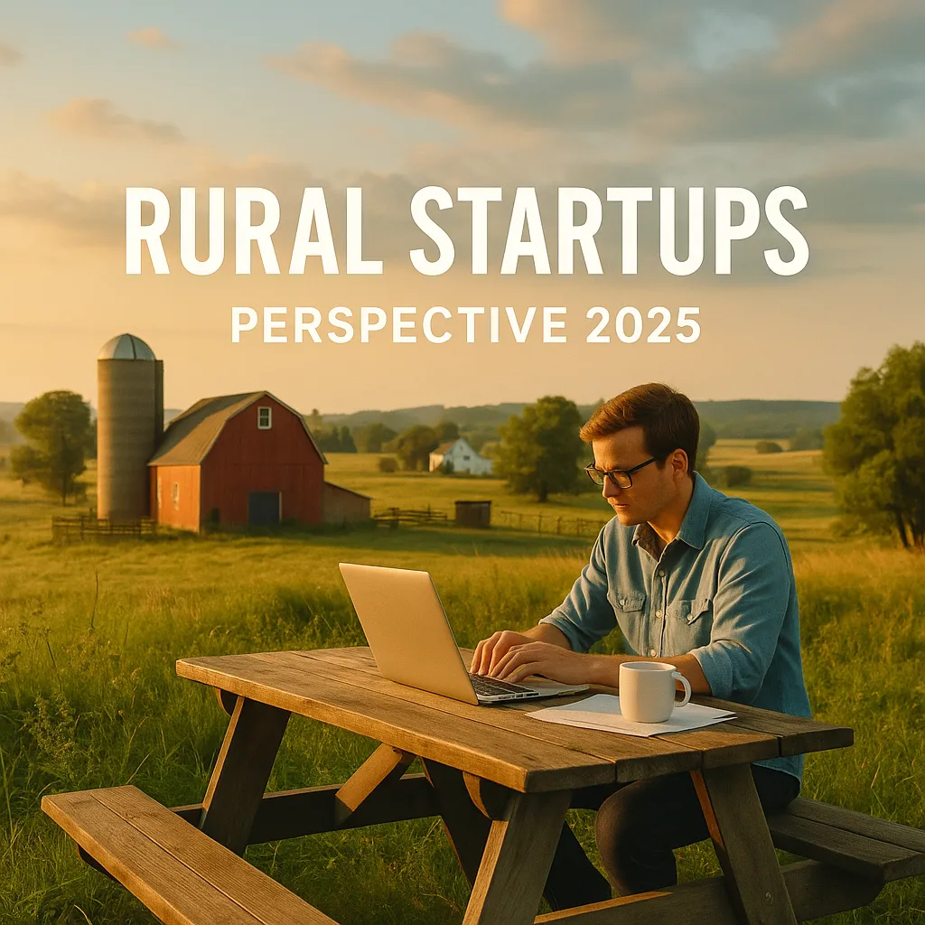 A young entrepreneur works on a laptop at a wooden picnic table in a quiet countryside with a red barn and silo in the background, symbolizing rural startup innovation.